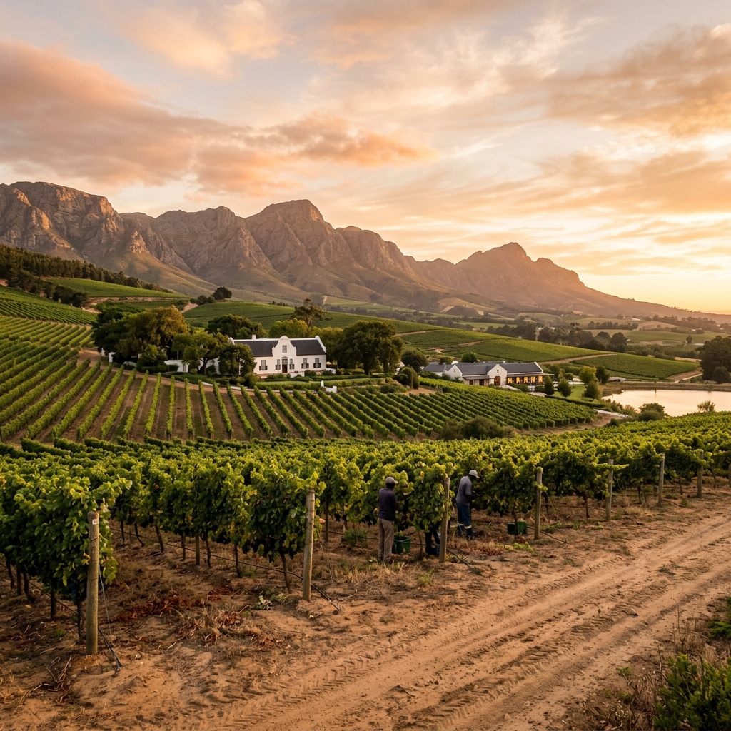Peaceful wide shot of a Stellenbosch wine estate